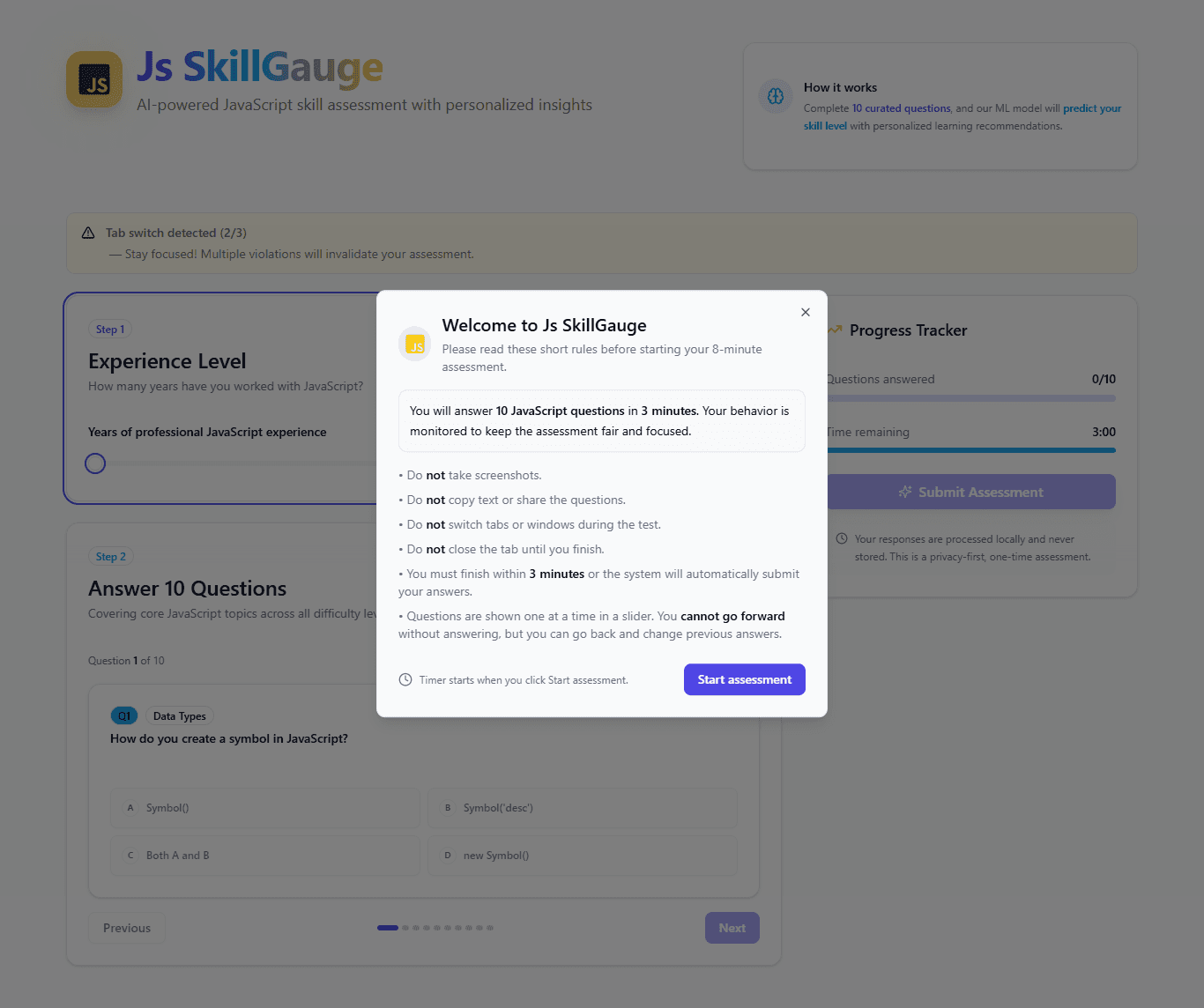 Js SkillGauge — "AI-powered JavaScript skill assessment with personalized insights" preview