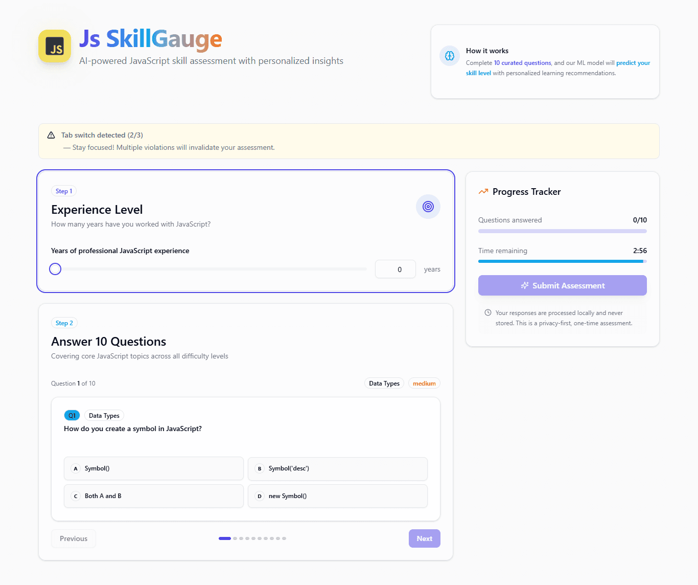 Js SkillGauge — "AI-powered JavaScript skill assessment with personalized insights" thumbnail